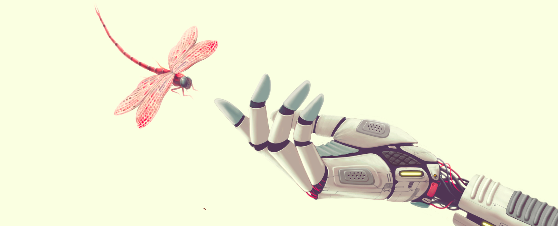 Libellule se posant sur une main de robot.