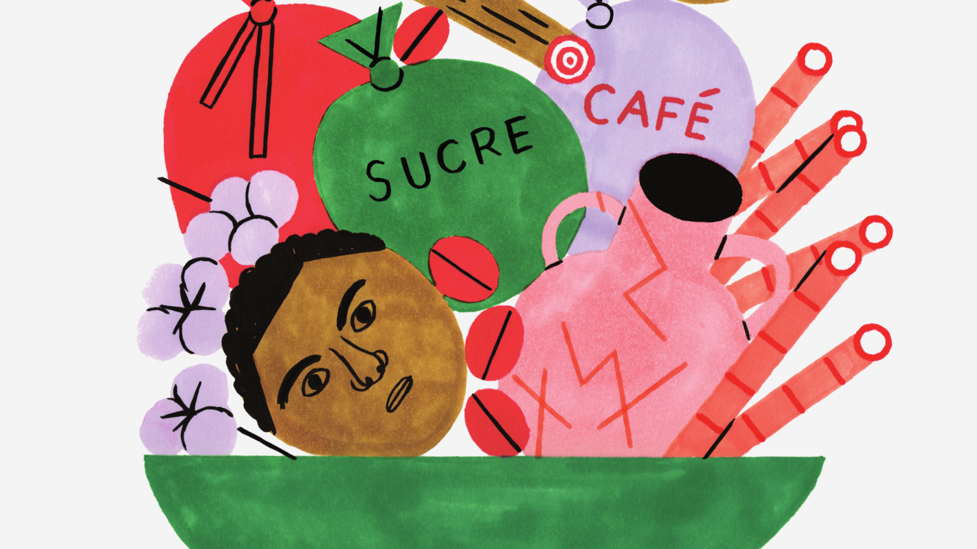 Illustration représentant une tête d'esclave, du coton, et des sacs de sucre et de café.
